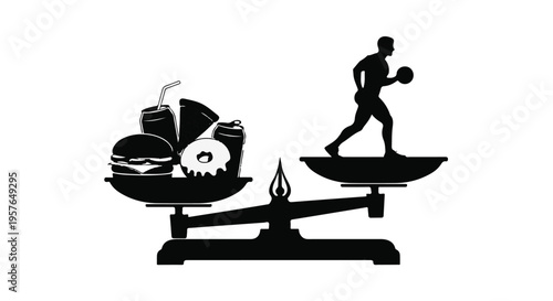 Healthy lifestyle balance concept with fitness runner versus unhealthy junk food on scales, weighing wellness and nutrition choices