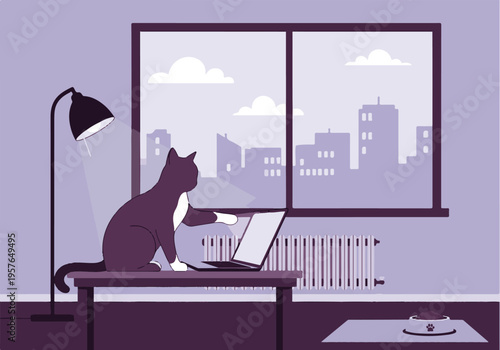 Tableau sur toile Curious pet cat sitting on a desk and interacting with a laptop at home