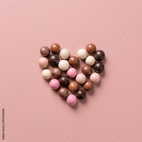 Heart shape made of assorted chocolates on pastel pink background, luxury Mother’s Day gift concept with copy space
