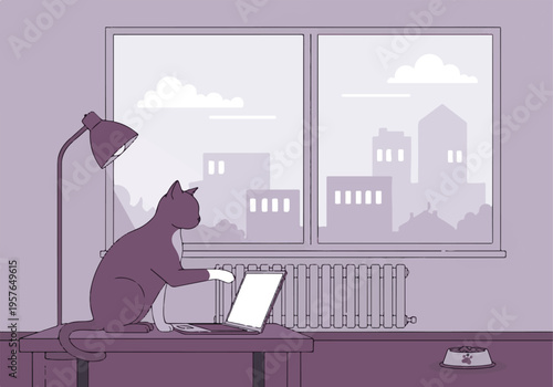 Cute cat interacting with laptop on desk in apartment with city view