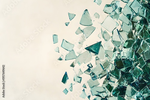 broken glass glass shards shattered glass forming abstract background with detailed glass texture broken pieces transparent fragments blue glass green glass creating decorative composition