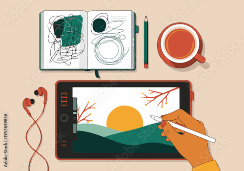 Artist's creative workspace with hand drawing on digital tablet and sketchbook