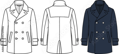 Men's Double Breasted Pea Coat Technical Fashion Flat Sketch, Navy and White Front and Back View