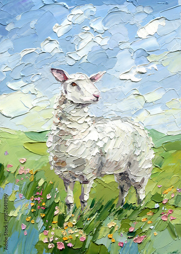 Obraz na płótnie Lamb impasto spring meadow landscape with wildflowers and blue sky textured past