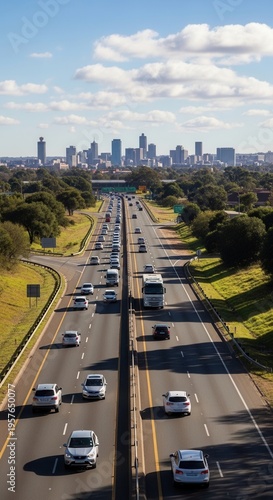 Busy Highway Leading To A Modern City Skyline Under A Bright Blue Sky