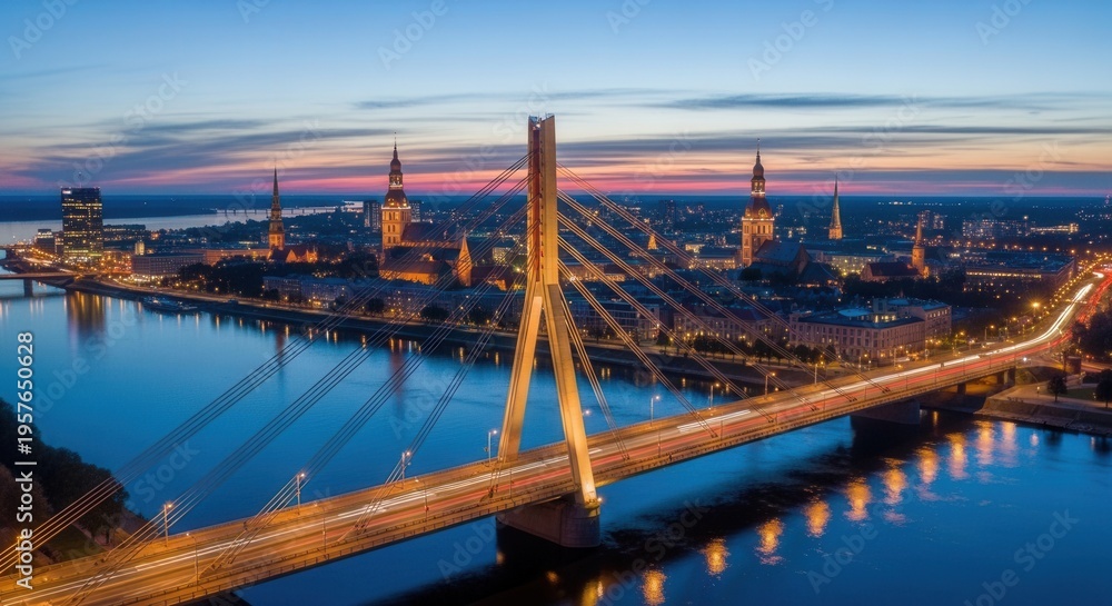Obraz premium Captivating Cityscape Illuminated at Dusk Featuring a Modern Bridge