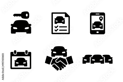 Car Rental Icon Set for Vehicle Leasing, Agreements, Reservation - Solid Black Icon Set Vector Illustration