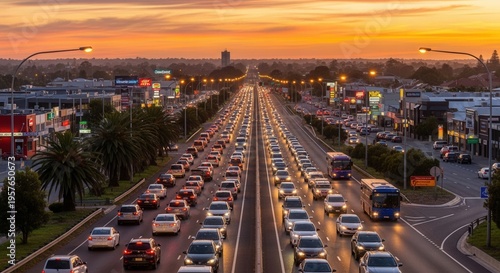 Busy Highway Traffic During a Vibrant Sunset