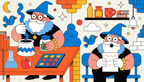 Enchanting cartoon wizard character in a whimsical medieval laboratory brewing potions and studying ancient scrolls surrounded by magical elements and cheerful birds vibrant colors and playful style