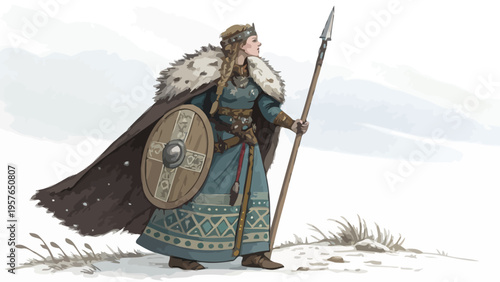 Illustration of a determined female viking warrior in authentic norse attire holding a spear and shield standing resolutely in a snowy windswept landscape embodying strength courage and historical