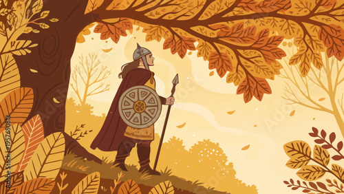 Autumnal viking warrior standing proudly on a hill holding a spear and round shield with ancient runes gazing into the distance amidst a vibrant forest ablaze with golden and orange leaves a symbol