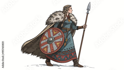 Illustrative depiction of a strong determined norse woman warrior in authentic viking attire holding a spear and shield exuding courage and readiness for battle standing against a stark white