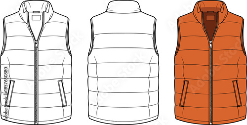Puffer Vest Technical Sketch Template, Mens Quilted Gilet Flat Fashion Illustration Tech Pack CAD