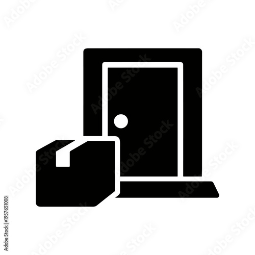 Package delivery doorstep solid black icon vector illustration