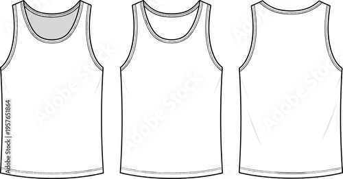 White Tank Top Technical Sketch Vector, Mens Sleeveless Shirt Flat Illustration Mockup Tech Pack