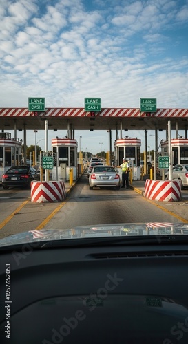 Busy Toll Booth Plaza With Cars and Traffic Lanes