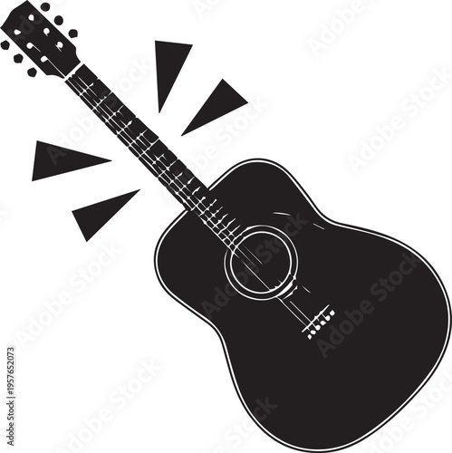 Acoustic guitar black silhouette with sound vibration symbols isolated on white background representing music performance and audio hobby