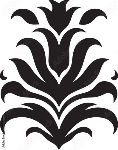 Abstract floral damask ornament in black silhouette isolated on white background showing symmetrical decorative pattern for graphic design