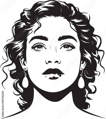 Detailed black and white portrait illustration of attractive woman featuring voluminous curly hair and earrings