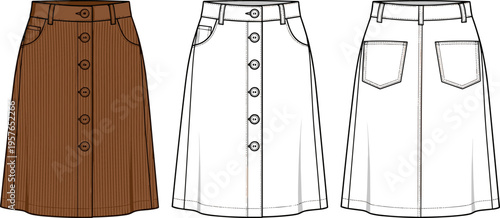 Women's A-line Corduroy Skirt Technical Sketch, Front and Back View Flat Fashion Illustration