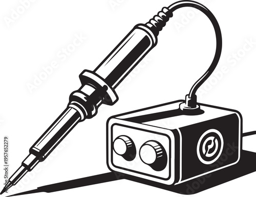 Electronic soldering iron station with adjustable temperature knobs and cable isolated on white background for repair and engineering work