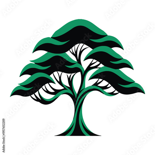 A vibrant green cedar tree design with layered branches and a dark silhouette high-quality professional