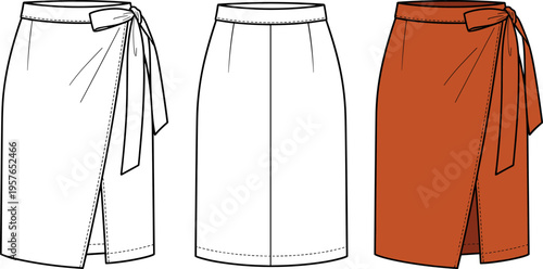 Women's Fashion Wrap Skirt Technical Flat Sketch, Front and Back View Illustration