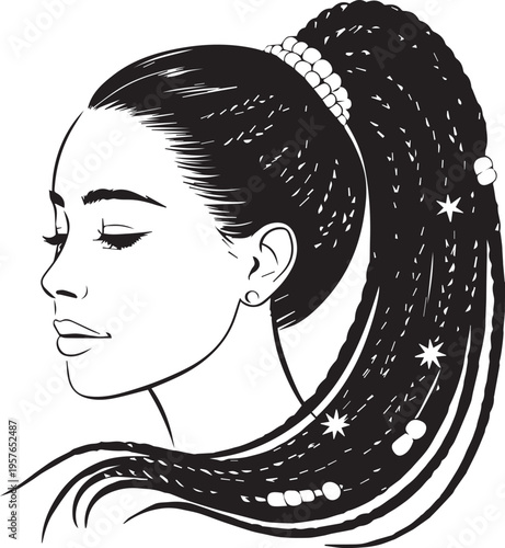 Side profile vector illustration of beautiful woman with long braided hair styled in high ponytail beads