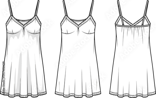 Women's Lace Slip Dress Technical Sketch, Silk Nightgown Flat Illustration Vector