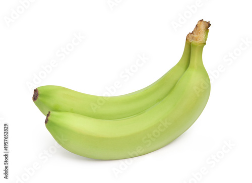 Pair of Unripe Green Bananas with Stems Isolated on White Background