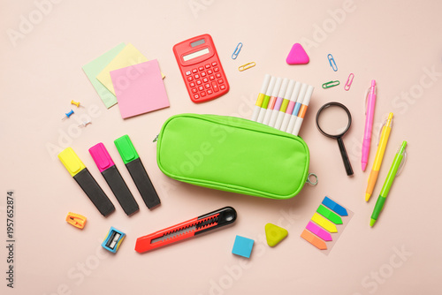 School stationery, school supplies on colored background.