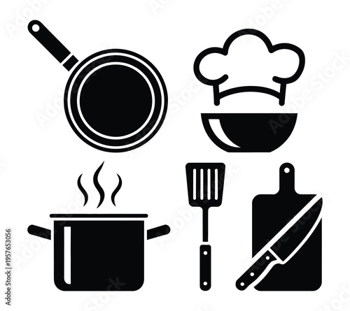 Cooking tool illustrations, including frying pan, whisk, pot, spatula, bowl, chef hat, and chopping knife, vector set for culinary apps, recipe books, and kitchen-themed designs