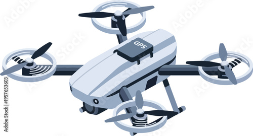 Isometric Silver Cargo Drone with Rotating Propellers and GPS Module Vector