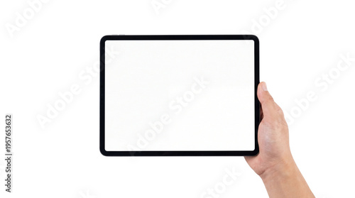 A hand holding a blank tablet with a white screen horizontally, Isolated on Transparent Background, png.