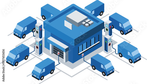Isometric Blue Last-Mile Delivery Hub with Electric Vans and Charging Stations Vector