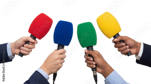 Four hands of diverse reporters holding colorful microphones isolated on a white background, Isolated on Transparent Background, png.
