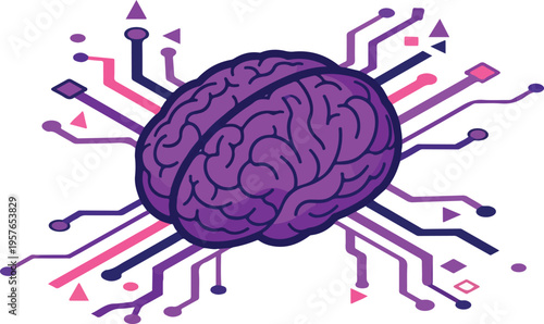 Isometric Purple AI Brain with Neural Network Connections and Data Flow Vector
