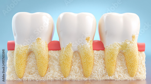 Three human teeth with tartar buildup along gum line