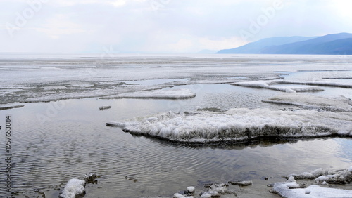 The icy shore of Lake Baikal in Russian Siberia in late spring. The northernmost point of Lake Baikal is located in the small town of Nizhneangarsk.