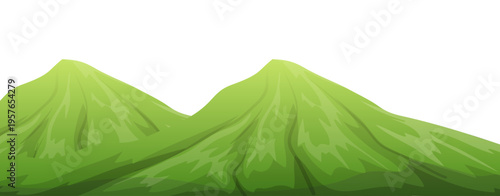 Two vibrant green mountains or hills with a stylized appearance against a clean white background, depicting a simple natural landscape.