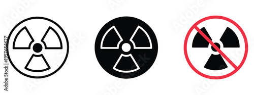 No, radiation icon featuring hazard warning symbol, nuclear and radioactive safety concept, prohibited sign for toxic contamination and environmental protection, modern flat vector illustration for se