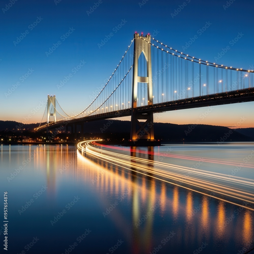 Fototapeta premium Captivating Suspension Bridge Illuminated Against a Twilight Sky