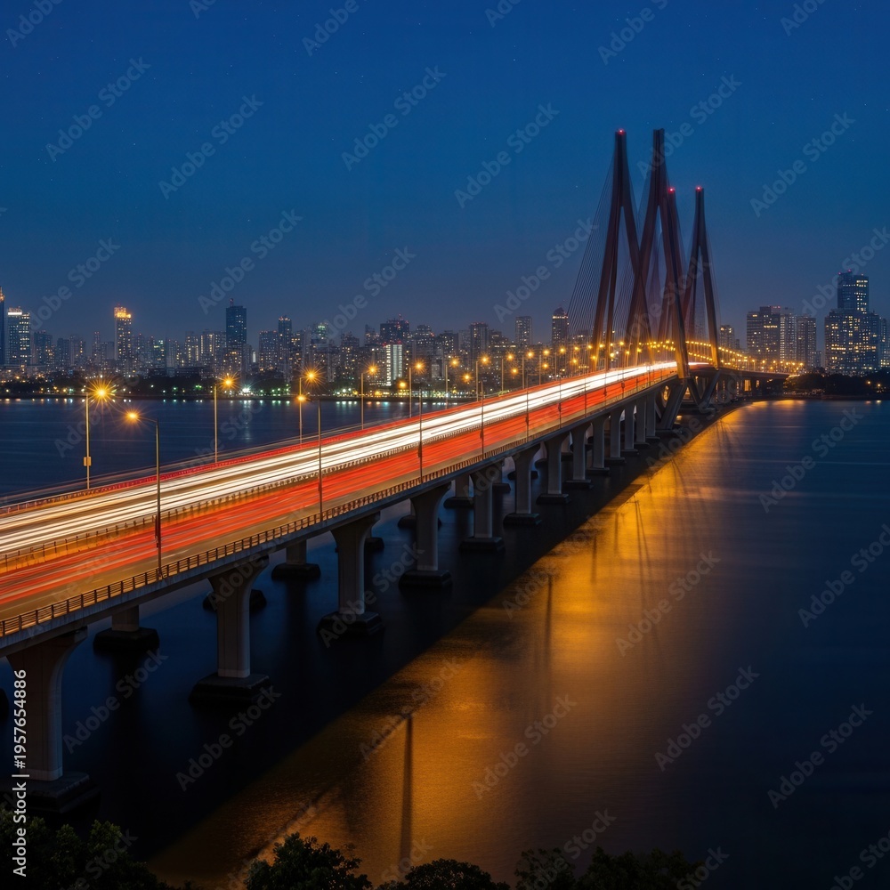 Obraz premium Captivating Suspension Bridge Illuminated at Dusk With Streaking Lights