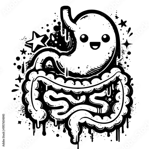 cartoon stomach and intestines with smiling face and stars