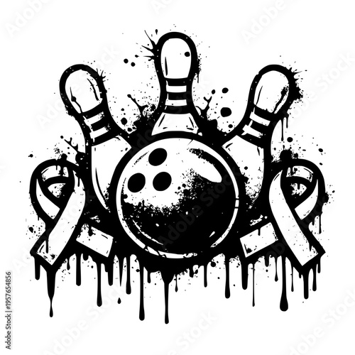 grunge bowling ball and pins with awareness ribbons