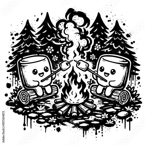 cartoon marshmallows toasting over campfire in forest