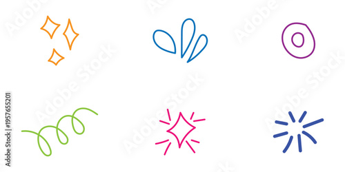 Colourful isolated modern decorative items icon set on white background. Doodle art on white background. Hand drawn doodle vector symbol set. Different colour doodle outline brush set on white page. 