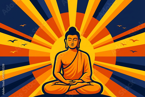 Illustrative lord buddha meditating against colorful sun rays and birds for buddha purnima and mahvir jayanti symbolizing hope freedom peace and spiritual awakening vector art