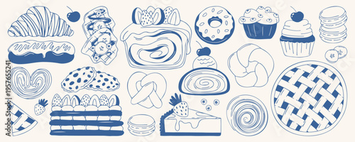 Minimalist vector set of popular desserts in blue line style. Hand drawn elements collection with donut, macaron, mille feuille, croissant, eclair, strudel, pastries for bakery menu and cafe design