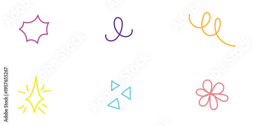 Colourful isolated modern decorative items icon set on white background. Doodle art on white background. Hand drawn doodle vector symbol set. Different colour doodle outline brush set on white page. 